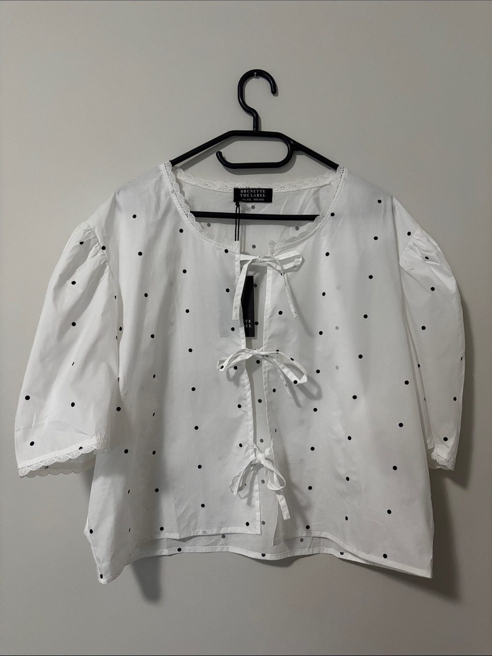 Brunette The Label White Polka Dot Tie-Front Cotton Blouse